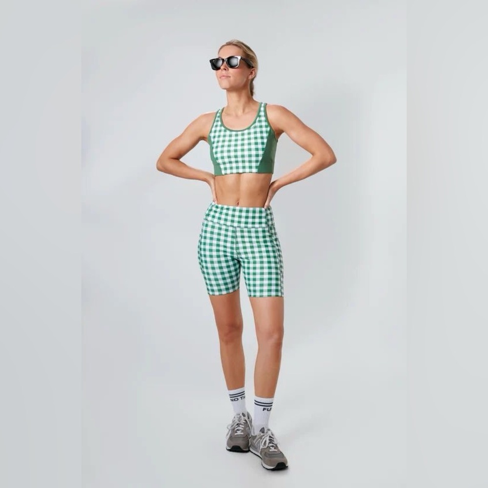 Tuckernuck Tnuck Sport Green Trellis Gingham Jean Sports Bra - S NWT